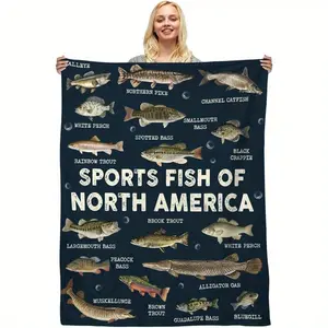 50x60in North American Game Fish Flannel Throw Blanket - Weever, Trout, Catfish Designs, Soft Anti-Pilling, All-Season, Durable Fabric, Fishing Lovers Gift, Educational Home Decor with Detailed Illustrations