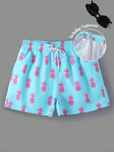 1 piece men's drawstring pineapple print beach pants (with underwear)