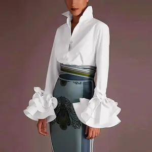 women's comfortable casual trumpet sleeve bow decoration ruffle solid color lapel shirt and shirt tops, suitable for daily, commuting, parties, formal occasions