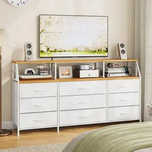 Homkdom 55"W Dresser with 13 Deep Fabric Drawers & 2 Open Shelves, Long Storage Chest for Bedroom, Entryway, Dorm Room, Large Vanity Organizer