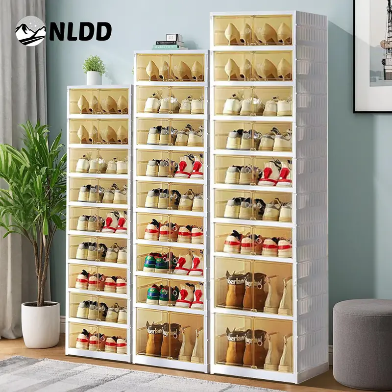 NLDD 9 Tier Foldable Shoe Rack Organizer for Closet 18Pairs Plastic Collapsible Shoe Racks Shelf Stackable Clear Folding Shoes Storage boxes for Small Spaces Narrow Shoe Storage Cabinet