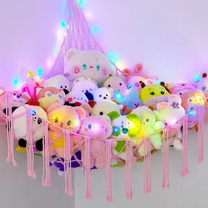 Basumee Stuffed Animals Net or Hammock with LED Light, Hanging Stuffed Animals Storage Toy Hammock Net Corner Wall Girls Room Decor Toy Storage Organizer, Pink, XL