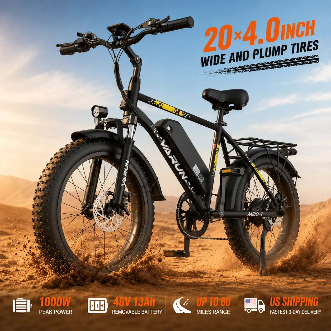 【VARUN】1000W Peak Electric Bike for Adults, 25MPH 20x4.0 Fat Tire Ebike, 60Mi Range with Pedal Assist, 48V 13Ah Removable Battery, 7-Speed UL 2849 All-Terrain Back-to-School Commuter E-Bike