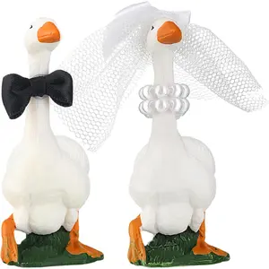 Couple Wedding Cake Topper Handmade Goose Figurines Animals Figures Decoration for Wedding Cake Ornament, Bride & Groom Engagement Anniversary, Funny Couple Statue Desk Decoration White