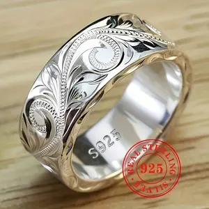 925 Sterling Silvery Engraved Floral Halo Bohemian Wide Ring Retro Jewelry