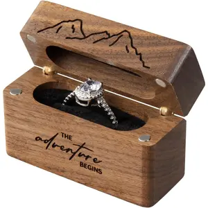 Wooden Engagement Ring Box for Proposal,Wedding,Walnut Wooden case for Little Slim Ring,Pocket Size  (The adventure begins)