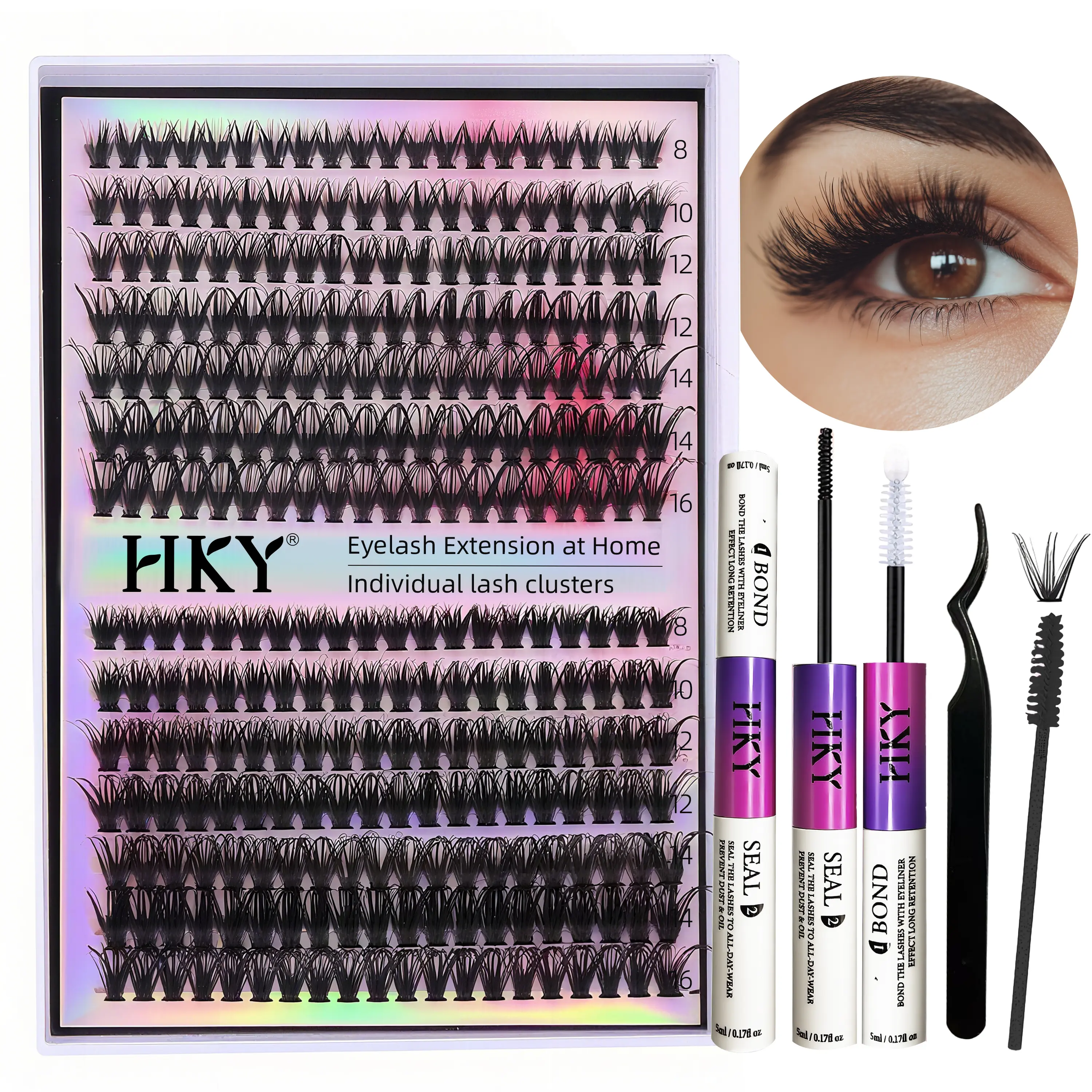 HKY DIY Cluster Lashes Kit, 8–16mm, 30D/40D, 72H Hold, Waterproof Vegan Bond & Seal, Beginner Friendly at‑Home Lash Extensions Eyelash Eyelashes Synthetic Cosmetic Makeup Daily Oil