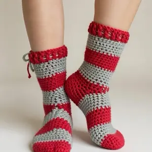 Crocheted Socks - Red and Gray Striped Design with Comfortable Fit for Everyday Wear