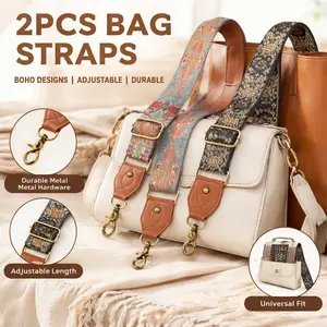 2 Pack Purse Strap – 2" Wide Crazy Horse Leather End Adjustable Replacement, Retro Jacquard Embroidered Crossbody Bag Strap for Handbag, Brown Flower Pattern