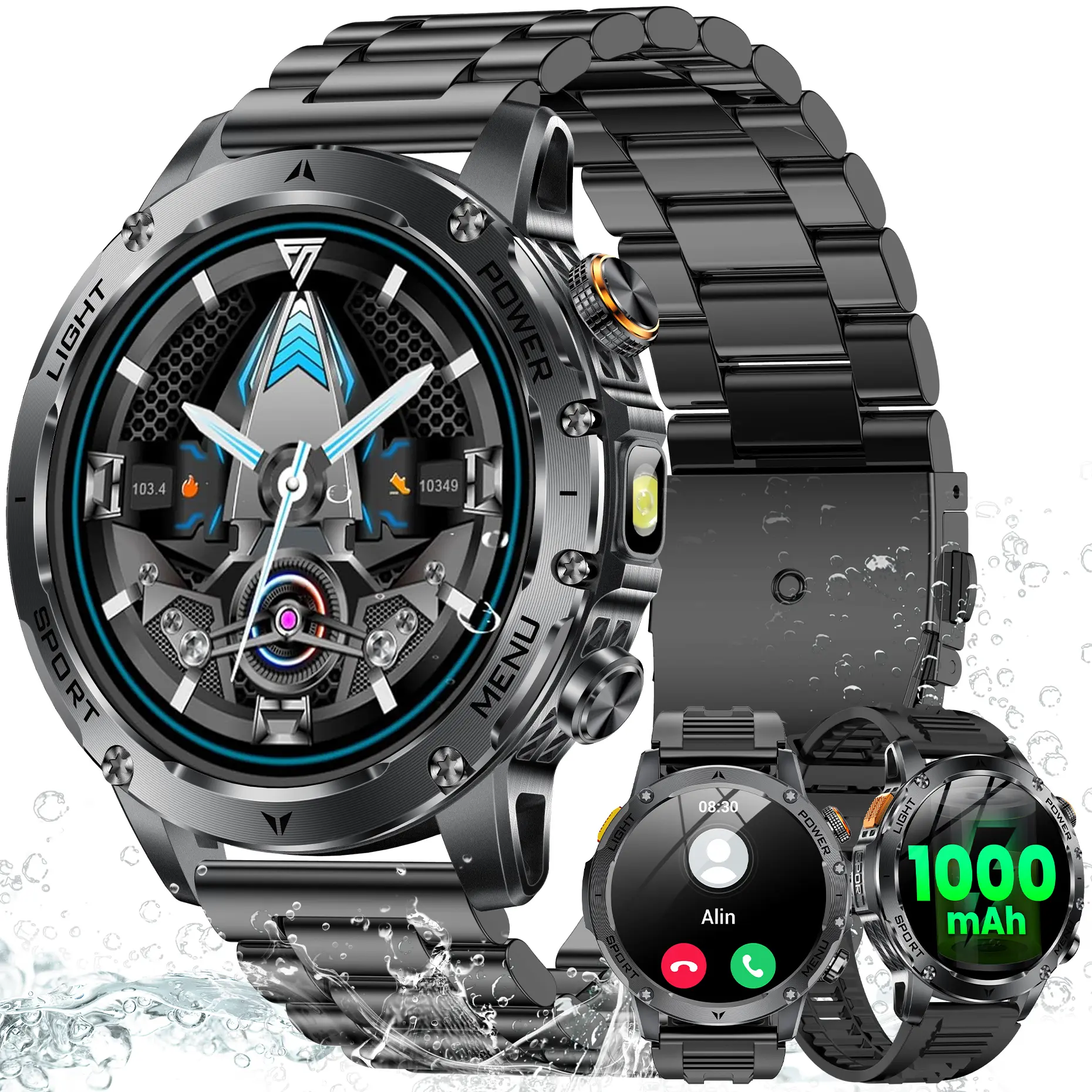 1.7-inch men's smartwatch (receive/call call), 100+ sports modes/1000mAh/pedometer, IP68 waterproof fitness watch, suitable for IOS and Android, Waterproof Fitness Smartwatches
