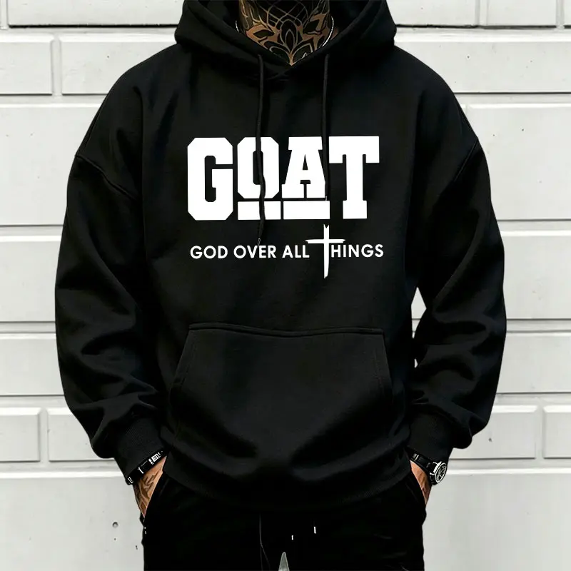Minimalist street-style men’s black hooded sweatshirt featuring a cross letter print, relaxed drop-shoulder long sleeves, drawstring kangaroo pocket, soft thick fabric—a casual pullover hoodie for everyday wear that’s easy to match.