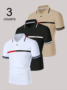 3Pcs Men's Class Polo Shirt, Minimalist "Paris" Print Design, Two-Button Closure Pique Polo Shirt, Summer Fashion Golf Shirt Casual Workout, Mens Top, Golf Tournament Shirt