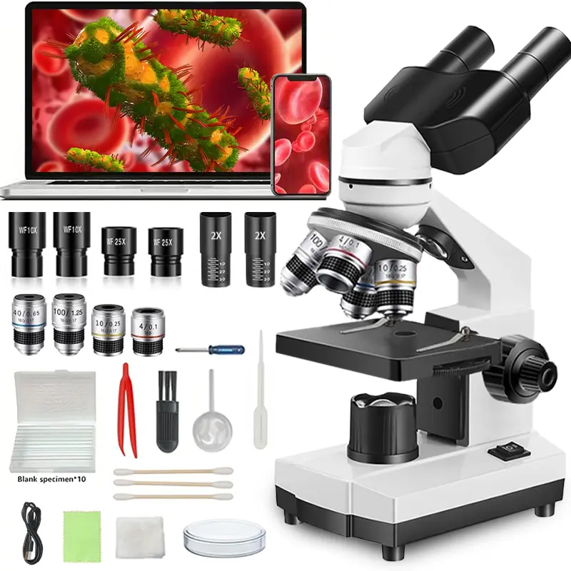 Professional Binocular Compound Microscope 40X-5000X for Adults, High Power Lab Microscope with Phone Adapter, Dual LED Light, Aluminum Alloy Body for Science Education