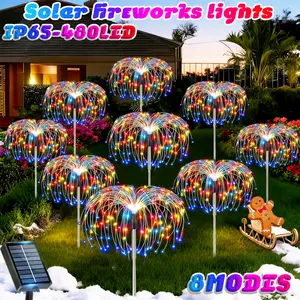 8Pack Solar Garden Firework Lights ,480 LED Waterproof Fireworks Lamp, 8 Modes Outdoor Stake Lights for Pathway Lawn Decor(Colorful/Warm)