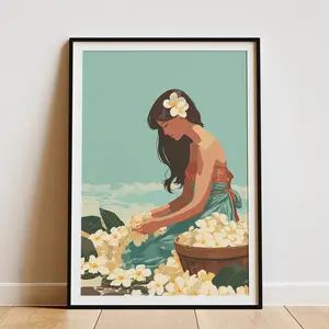 Woman Making Lei from Plumeria Flowers Hawaiian Art Print Tropical Island Decor Botanical Illustration Beach House Wall Art Hawaii Poster, Room Decor, Unframed – 5 Size, 8x12 to 27x40 inch