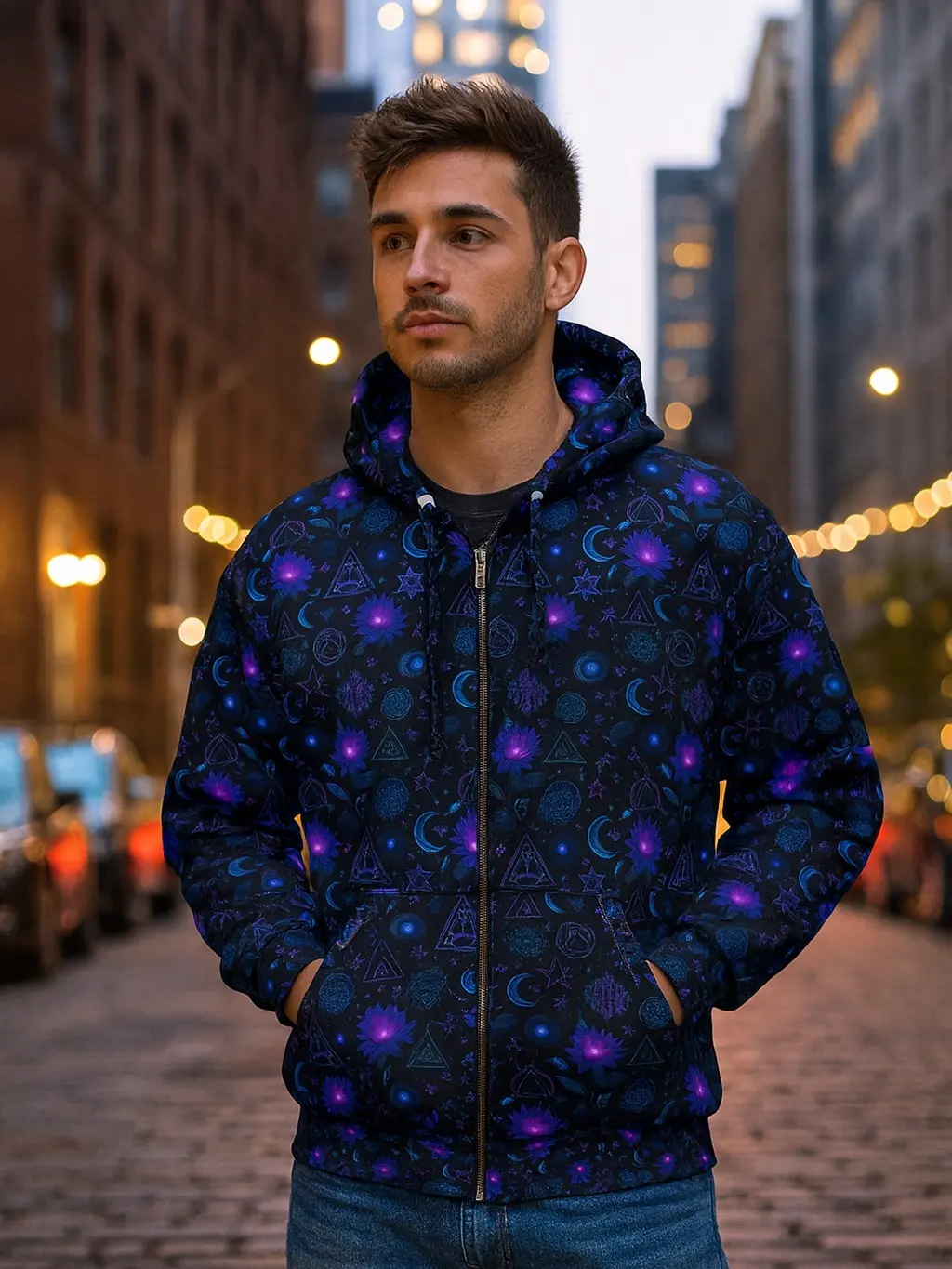 Cosmic Pattern Unisex Zip Hoodie Galaxy Print Sweatshirt Space-Themed Jacket Extra Warm Outerwear for Stargazers Unique Hoodie Gift Long Sleeve Winter Casual Tops Black Fabric Medium Weight Spacious Pockets