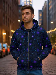 Cosmic Pattern Unisex Zip Hoodie Galaxy Print Sweatshirt Space-Themed Jacket Extra Warm Outerwear for Stargazers Unique Hoodie Gift Long Sleeve Winter Casual Tops Black Fabric Medium Weight Spacious Pockets