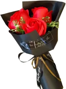 Red 3 Heads Artificial Rose Bouquet Soap Flower Petals Valentine Day Gifts for Women, Best Birthday, Christmas & Valentine's Day Decor Decorative Fruit Plants