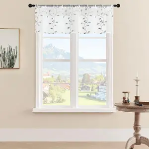 Sheer Voile Curtain Valances 2 Panels, Leaves Embroidered Valance Curtains Rod Pocket, Small Sheer Window Curtains  for Bedroom/Living Room/Kitchen/Basement(Grey Leaves, 54x16 Inches)