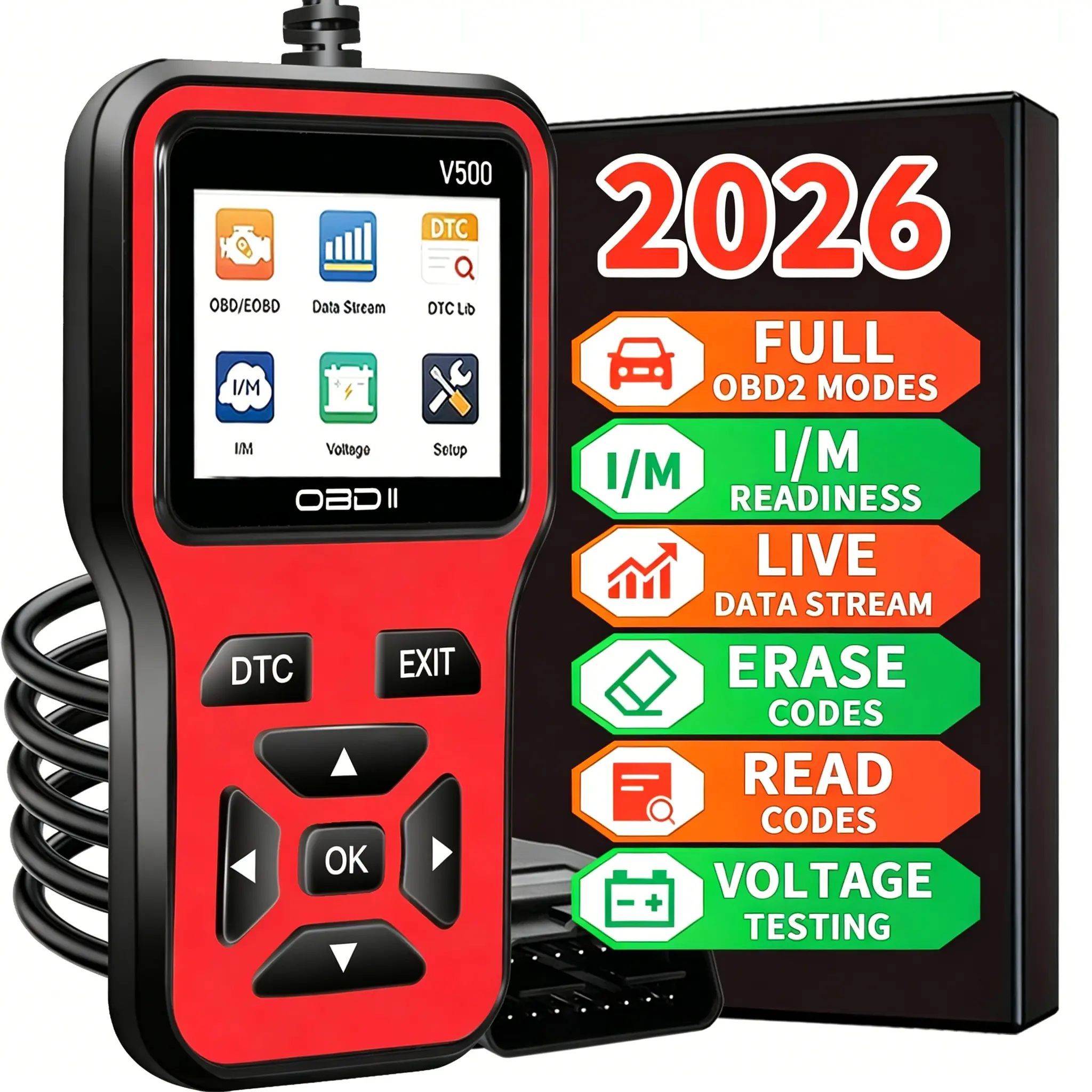 V500 New OBD2 Diagnostic Tool, Car Battery Voltage Test, DTC lookup, Engine Code Reader With Complete OBD2 Functionality, Reset, Mode 6 And 8, And More, Suitable For All OBDII/EOBD Vehicles After 1996+