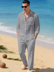 Men's Summer Linen Outfit Set, Buttoned Collar Shirt & Loose Pants, Breathable & Comfortable, Great for Beach, Resort & Casual Outings