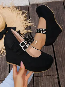 Women's Round Toe Wedge Mary Jane Shoes, Double Buckle Waterproof Rubber Heel, Spring Fall Versatile Comfortable Elegant Stylish Classy Single Shoe, Platform Mary Janes, Walking Shoes