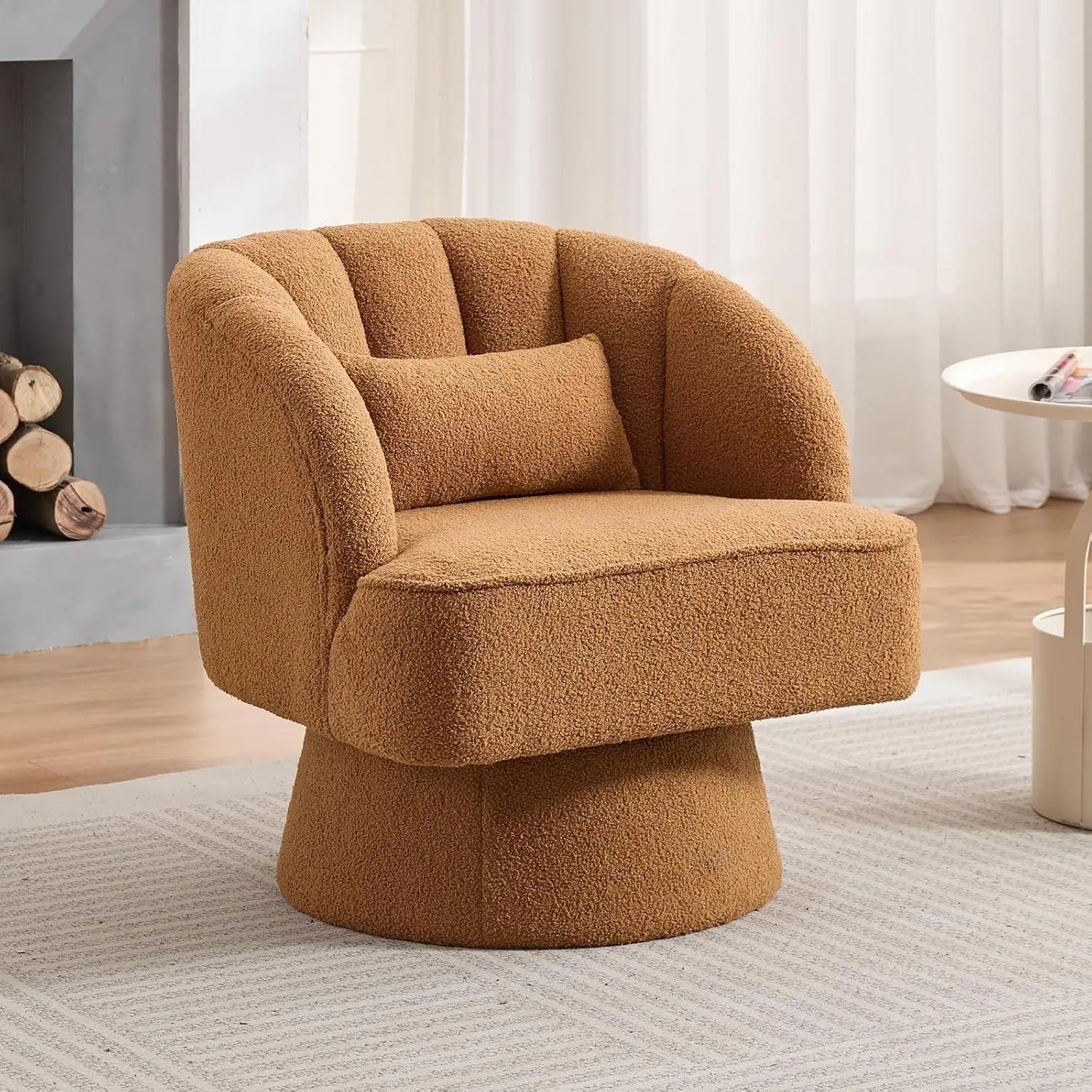 Garvee Brown Modern Swivel Vanity Chair with Pillow, Mid-Back Teddy Barrel Accent Chair 360° Upholstered Armchair Makeup Vanity Chair with Arm Support for Living Room Bedroom Reading Nook