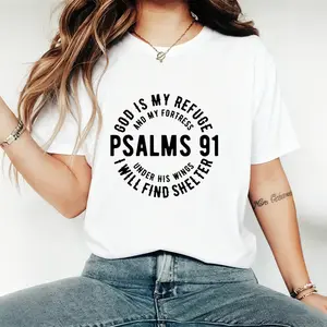 Psalm 91 T-shirt Christian Shirt Jesus Top Women's Gift Faith Shirts Messiah Tee Bible Verse Religious Mother's Day Gifts Pray Women Round Neck Casual