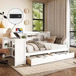 Twin Size Corner Daybed with Storage Drawers, Built-in Desk, Charging Port & Bookcase, Multifunctional Wood Daybed Frame in White / Natural