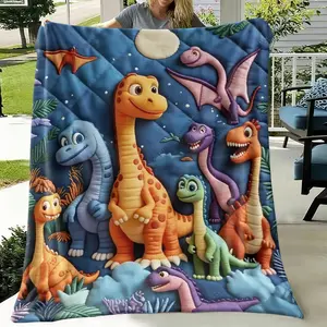 1Pc Colorful Dinosaur Cartoon Theme Super Soft Flannel Blanket Soft Cozy Warm Lightweight Dark Blue Night Background 3D Digital Printing Polyester All Season Multi Purpose Small Throw Blanket Kid Room Decor