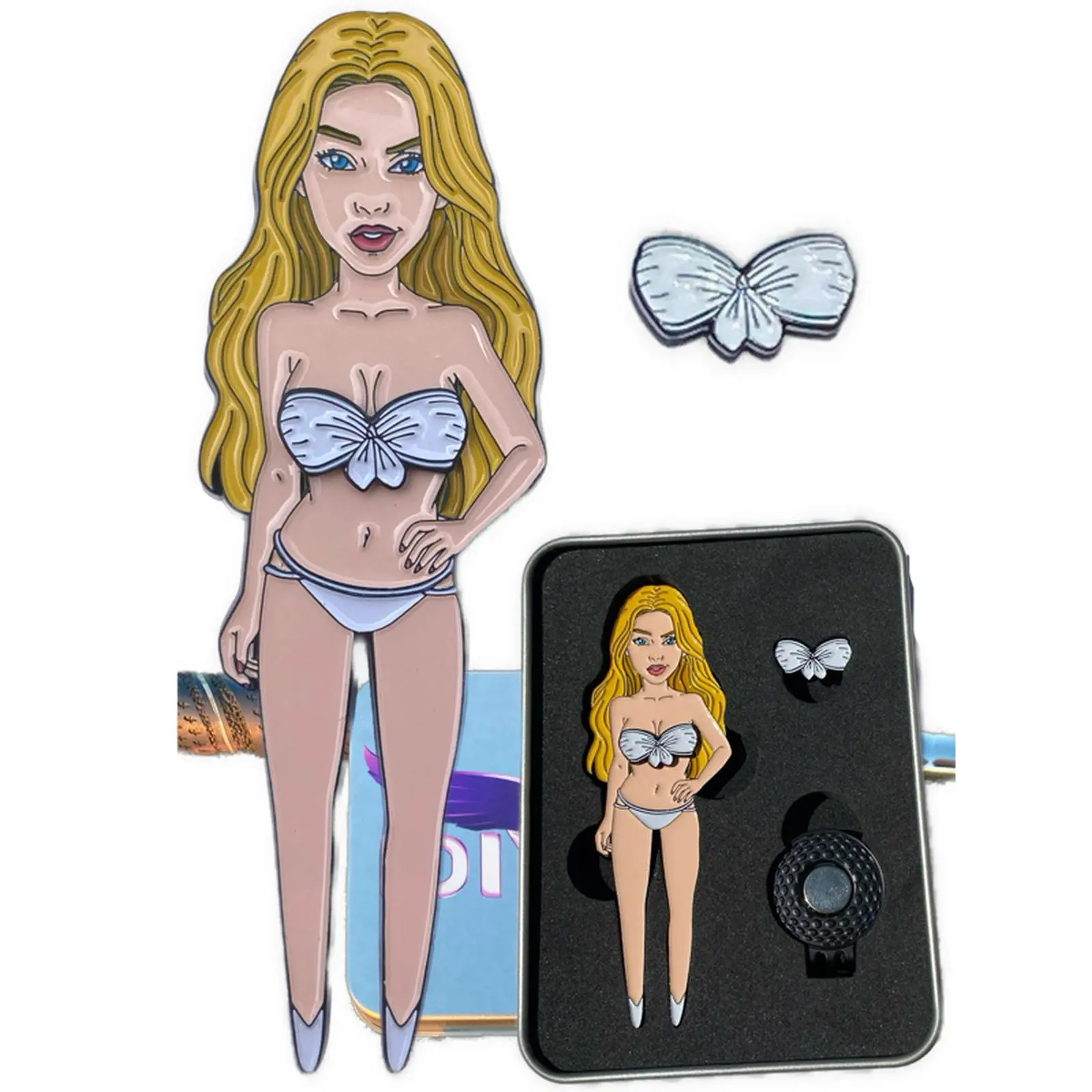 Topless Golf Divot Tool Set with Removable Magnetic Bikini Top Ball Marker & Hat Clip in Gift Tin