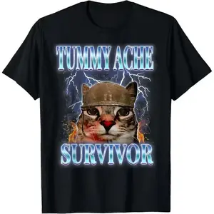 Women's Short Sleeve Tummy Ache Survivor Cat Meme Graphic Tee, Casual Graphic Shirt, Funny Saying Vintage Fashion Top for Adults, Vacation Outfit, Graphic Print Tee summerwins,summerwins