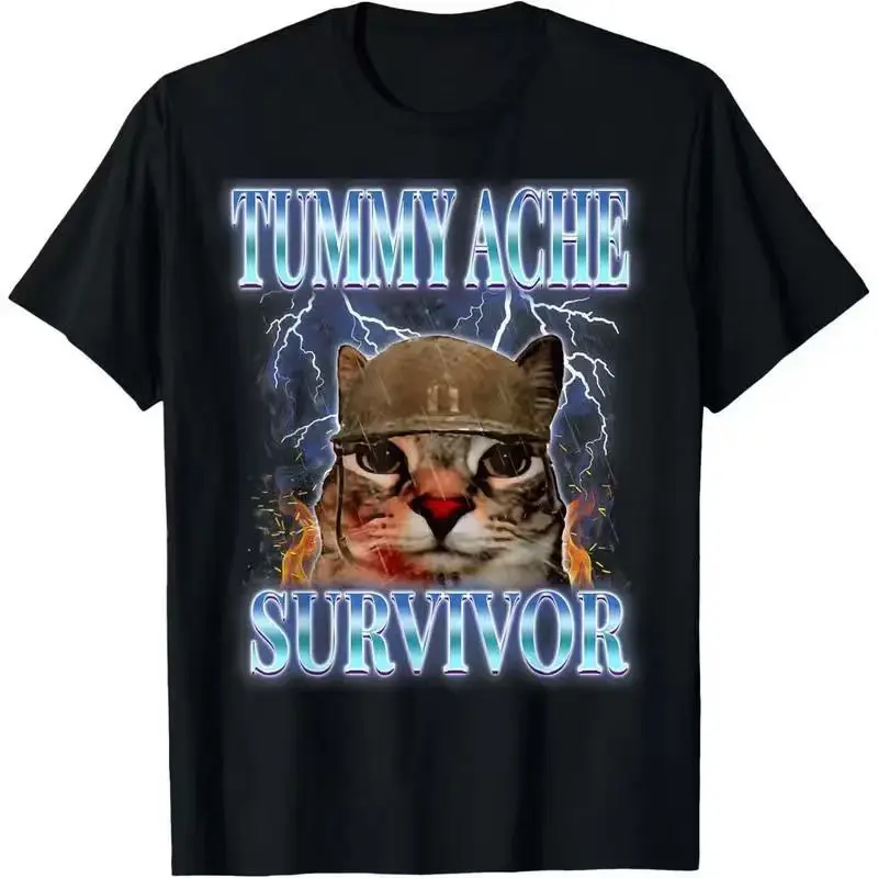 Women's Short Sleeve Tummy Ache Survivor Cat Meme Graphic Tee, Casual Graphic Shirt, Funny Saying Vintage Fashion Top for Adults, Vacation Outfit, Graphic Print Tee summerwins,summerwins