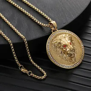 Stainless Steel Lion Head CZ Medal Pendant Cubic Zirconia & 3mm 24" Rolo Chain Necklace Fashion
