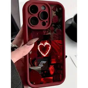 Burgundy Valentines 1pc Heart Pattern Red TPU Full Coverage Phone Case Compatible With Iphone 16 15 14 13 12 11 Pro Max
