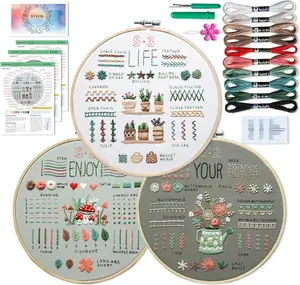 3 Packs Embroidery Kit for Beginners & Adults, Practice Samplers, Pre-Stamped Patterns, Hoop, Floss & Needles, Step-by-Step Guide and Video Tutorials, DIY Needlework Gift