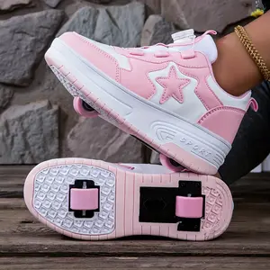 [shipping from US][shipping from US]Girls' Dual Wheel Removable Roller Skate Shoes, Low Top with Rotary Buckle Closure, PU Upper & Fabric Insole, Casual Sports Style for Roller Skating, All-Season Solid Color Sneakers for Children Under 12