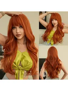 Long Orange Wig 26 Inch Ginger Wavy Layered Wigs for Women,Synthetic Heat Resistant Orange Wig For Daily Cosplay Party Use, Synthetic Material Wigs