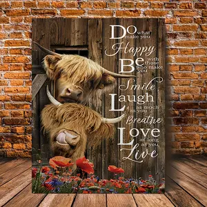 Highland Cow Framed Canvas Wall Art for Living Room Bedroom Farmhouse Barn Wood Style Floral Flower Animal Poster Positive Quotes Decor