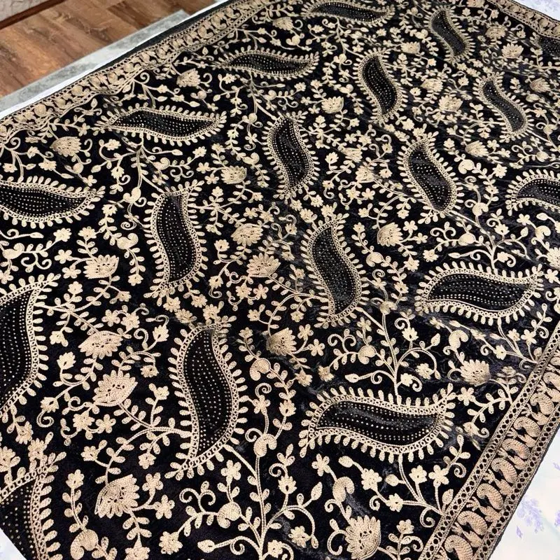 Black Velvet Dupatta - Shawl with Golden Embroidery and Stones