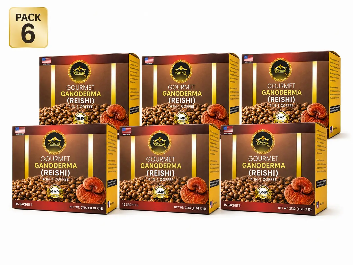 Eternal Spirit Beauty - Asian Latte Coffee Ganoderma Singles, 15 Packets (0.64 oz) – Instant Coffee Mix with Reishi Mushroom, Creamy Light Roast, Travel-Friendly Sachets, 6 pack (90 Sachets)