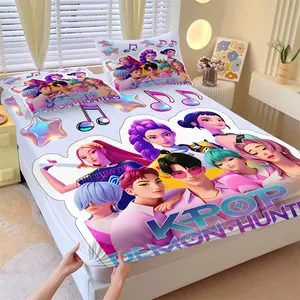 K-Pop Anime Boy Band Girl Group Fitted Sheet Set & 2 Coreless Pillowcases, Youthful Design with Holographic Laser Musical Notes, Star, Soft Breathable Non-Slip Protector for Bedroom Dorm, Fans Gift, Soft Bedding Sets