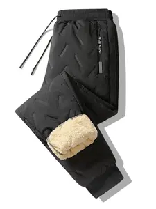 Men's Pocket Zipper Drawstring Winter Pants, Casual Regular Fit Plain Thermal Lined Trousers, Men's Bottoms for Winter, Thermal Menswear