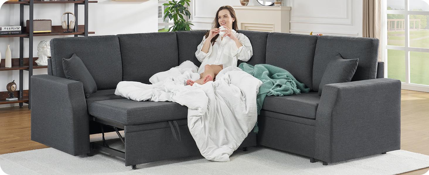 【Ships in 2 Boxes】AMERLIFE Sleeper Sofa Couch, 85'' L Shaped Design Pull Out Sofa with Storage Seater, Modern Sectional  Sofa for Living Room,  Apartment