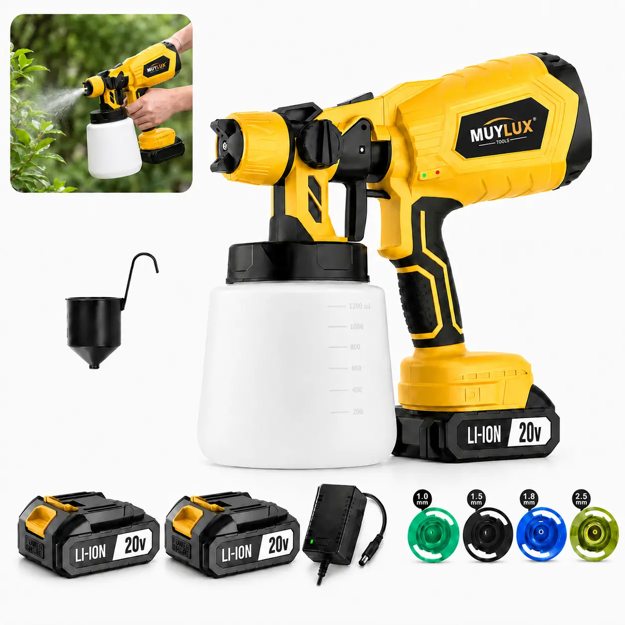 Electric sprayer：20V Cordless Handheld Sprayer, 1200mL Electric Spray Gun with 4 Nozzles, Adjustable Flow and 3 Spray Patterns for Garden Watering, Furniture, Fence and DIY Painting