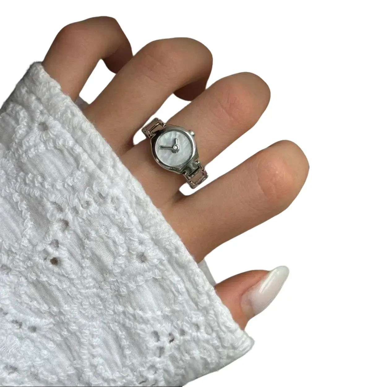Women's Retro Simulated Moonstone Watch Ring - Silver-Plated Stainless Steel, Geometric Accent, Hypoallergenic, Tarnish-Proof, Sweatproof, Side-Adjustable, School & Casual Wear, with Gift Bag