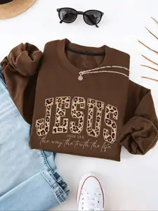 Women's Leopard Print Letter Sweatshirt, Comfortable Long Sleeve Round Neck Crewneck Pullover, Casual Everyday Fall & Winter Fashion Top