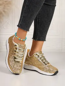 Women's Sequin Dad Shoes, Sparkling European Style Sneakers, Party Streetwear, Thick Sole Height Boost, Comfortable Casual Shoes