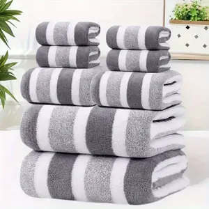 Luxury Coral Fleece Bath Towel Set - Thick Large Soft Absorbent Towel, Blue and White Striped Horizontal Lines (Style), High-Density Fleece Fabric, Suitable for Spa, Pool, Gym - Bulk Packaging