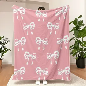 Pink Bow Fuzzy Blanket Cute Bowknot Throw Bowtie Cozy Flannel Valentines Day Home Bed Sofa Couch Chair Coquette Aesthetic Room Decor Soft Girl Sweet Romantic Gift